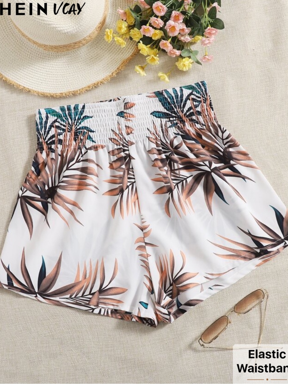 SHEIN VCAY Plants Print Shirred Waist Shorts
